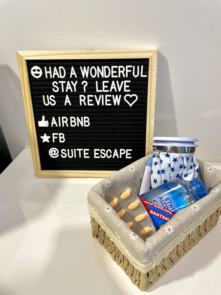 Welcome letterboard and guest essentials basket at 38 Park Avenue